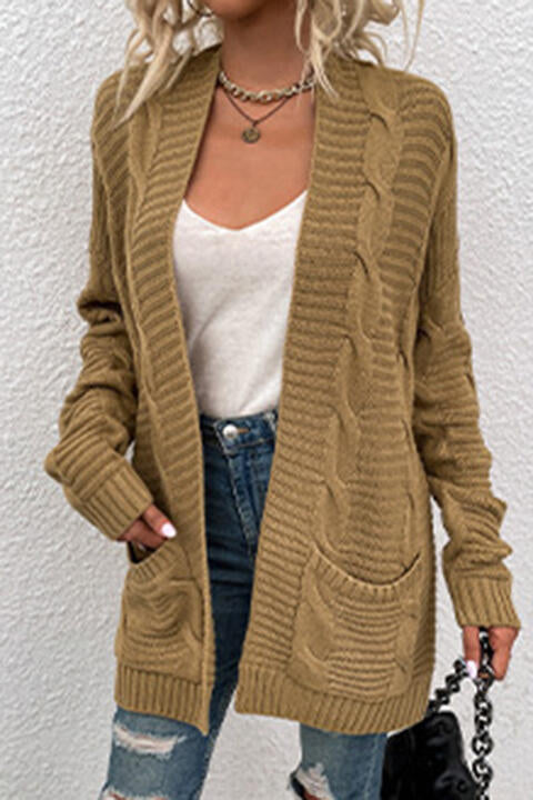 Cable-Knit Open Front Cardigan with Pockets