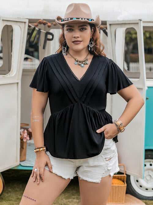 Plus Size V-Neck Flutter Sleeve Blouse - Create the impossible