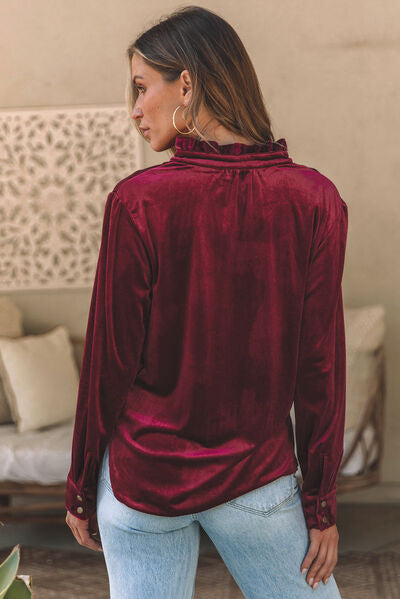 Notched Neck Buttoned Long Sleeve Velvet Blouse - Create the impossible