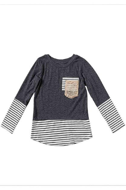 Girls Striped Color Block Sequin Pocket Top