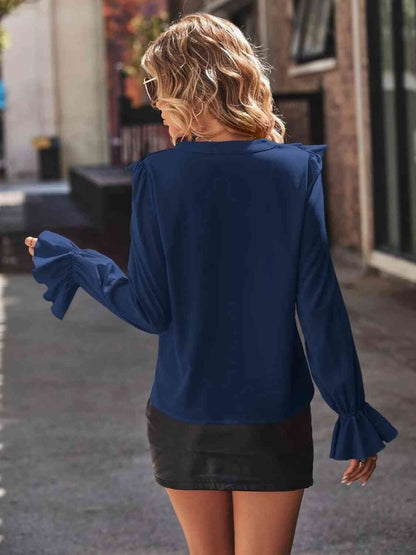 Ruffled V-Neck Flounce Sleeve Shirt