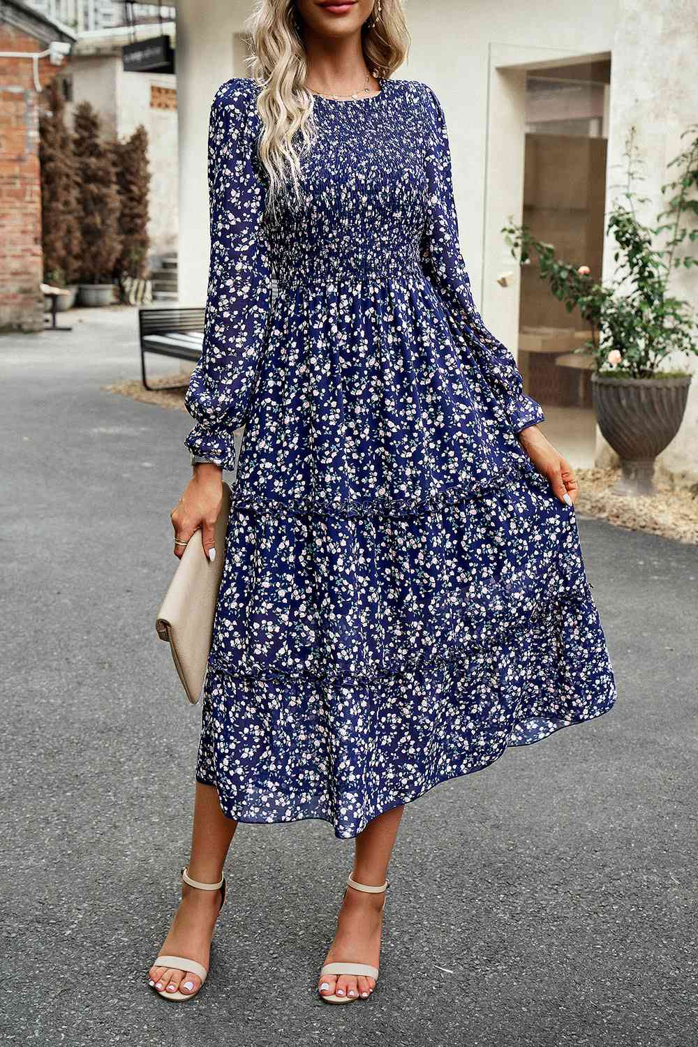 Smocked Flounce Sleeve Midi Dress