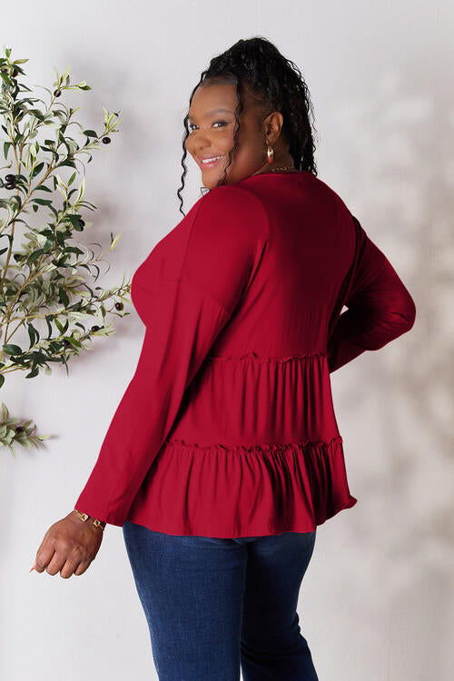 Double Take Half Button Long Sleeve Ruffle Hem Blouse - Create the impossible