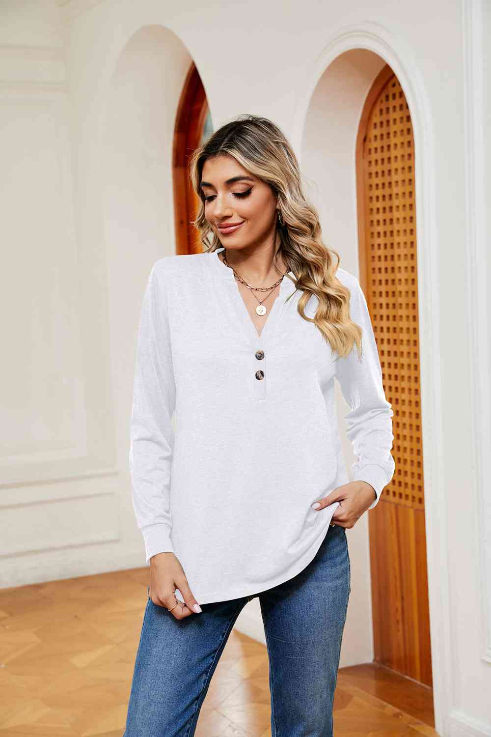 Buttoned Notched Neck Long Sleeve Top