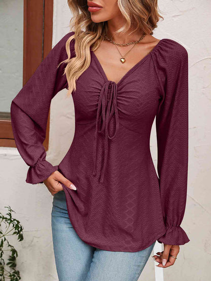 Tie Front V-Neck Puff Sleeve Blouse - Create the impossible