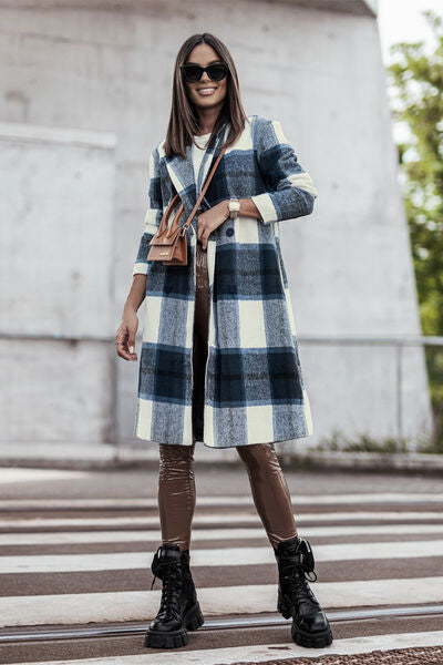 Double Take Full Size Plaid Button Up Lapel Collar Coat