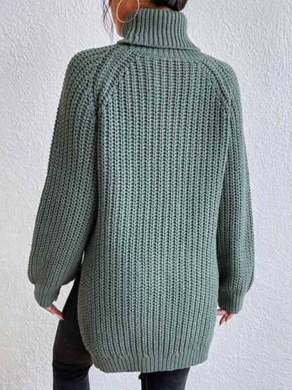 Full Size Turtleneck Rib-Knit Slit Sweater - Create the impossible