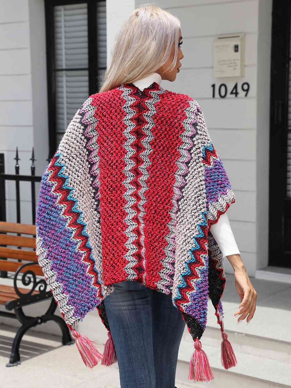 Striped Open Front Poncho with Tassels