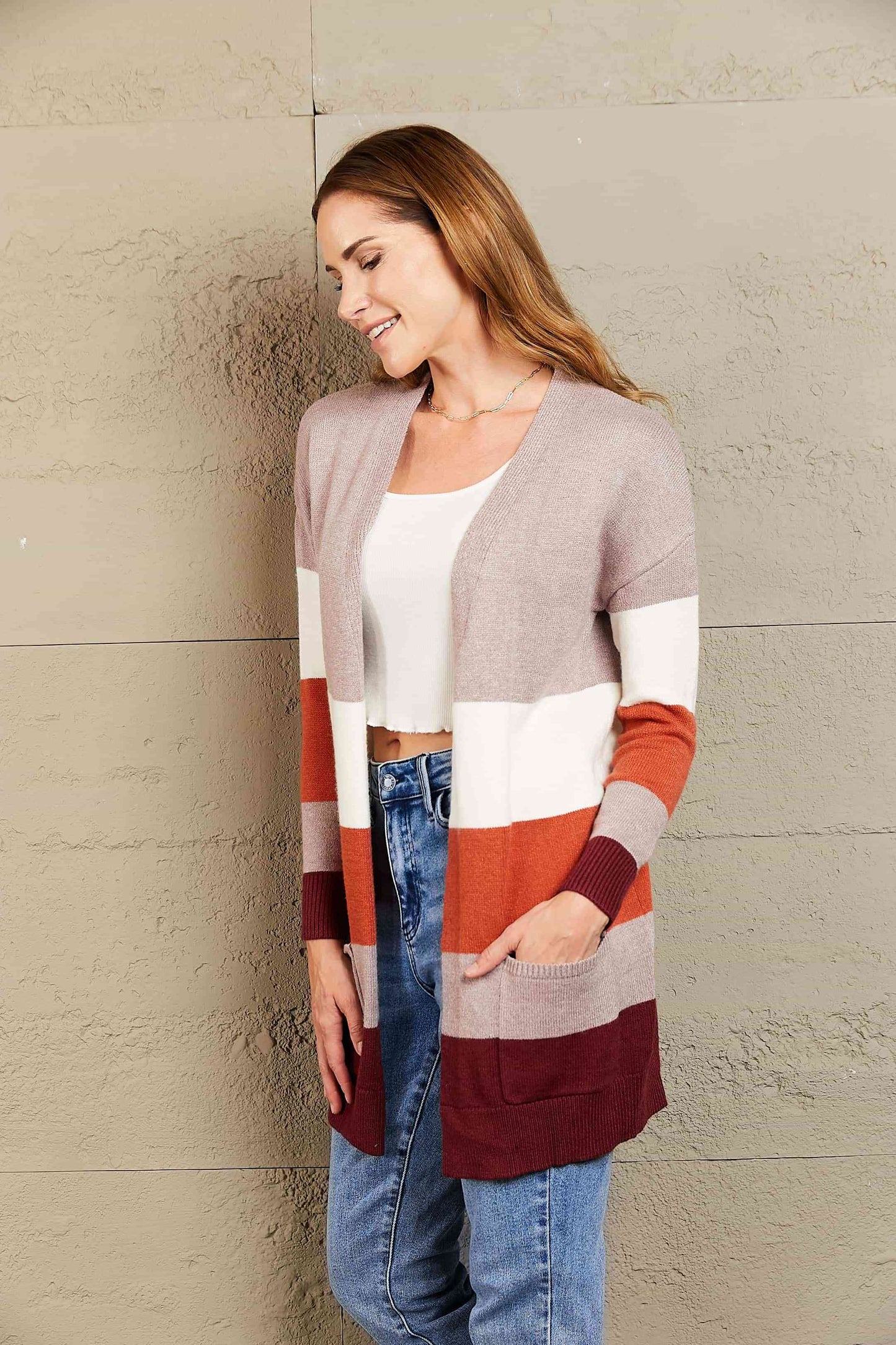 Woven Right Color Block Open Front Ribbed Cuff Cardigan with Pockets