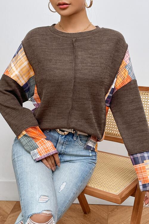 Plaid Exposed Seam Round Neck Sweatshirt