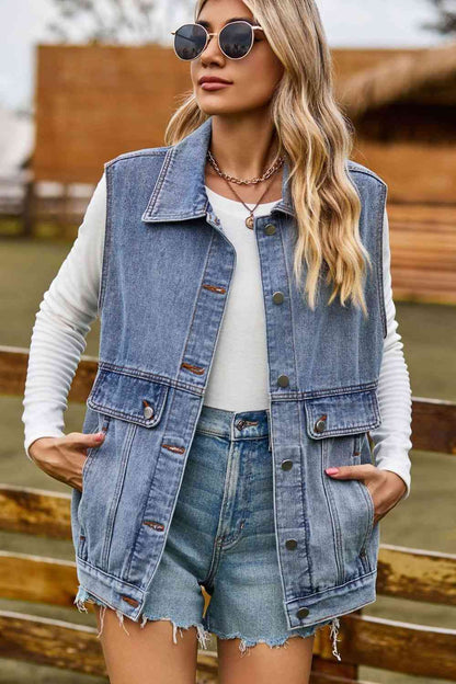 Sleeveless Collared Neck Denim Top with Pockets