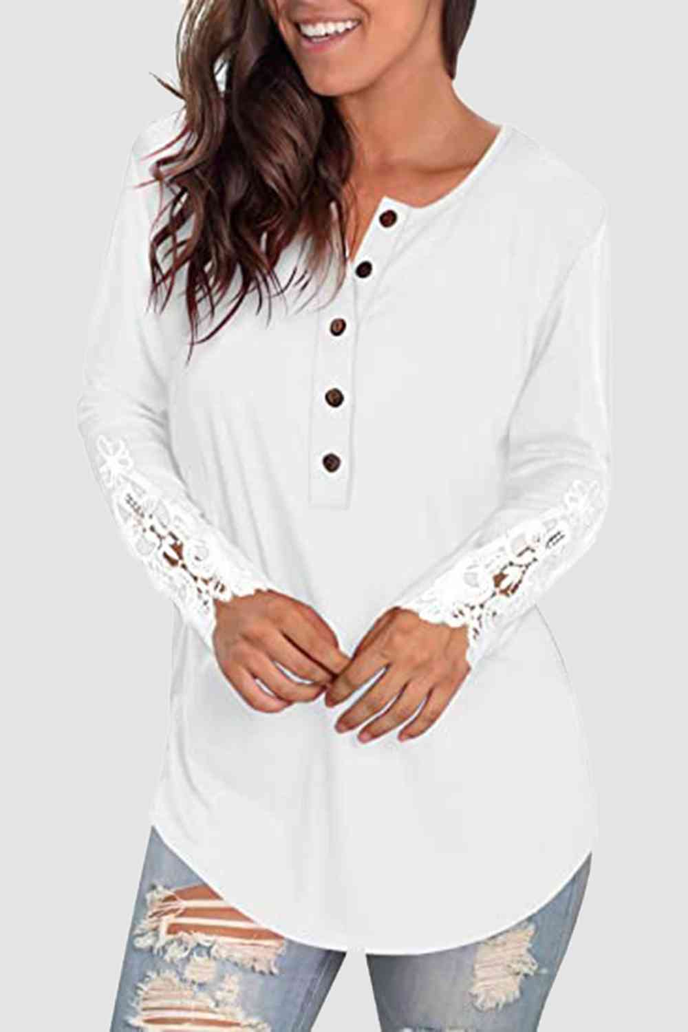 Lace Detail Button Front T-Shirt