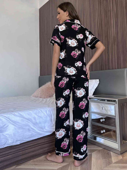 Floral Short Sleeve Shirt and Pants Lounge Set