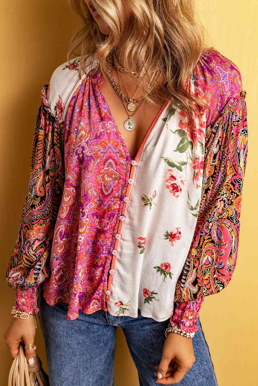 Multicolor Floral Notched Neck Lantern Sleeve Blouse - Create the impossible