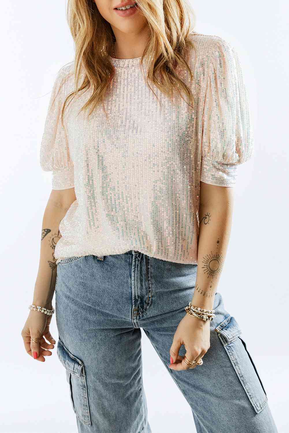 Sequin Round Neck Short Sleeve Top