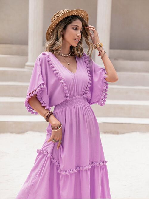 Tassel Trim Smocked V-Neck Short Sleeve Dress