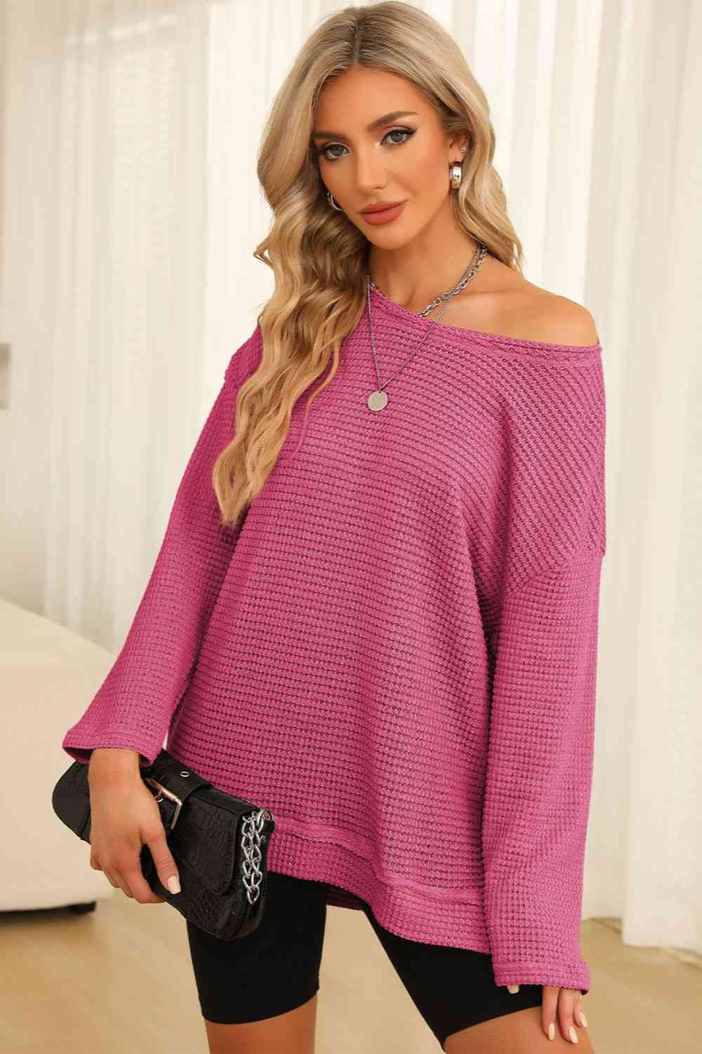 Waffle-Knit Round Neck Long Sleeve Sweatshirt - Create the impossible