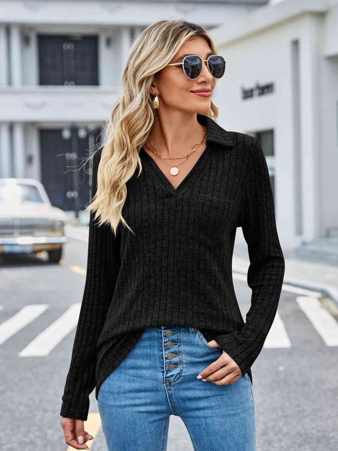 Ribbed Notched Long Sleeve T-Shirt with Pocket