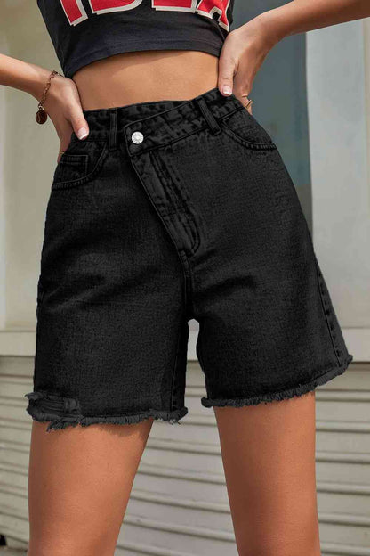 Buttoned Raw Hem Denim Shorts