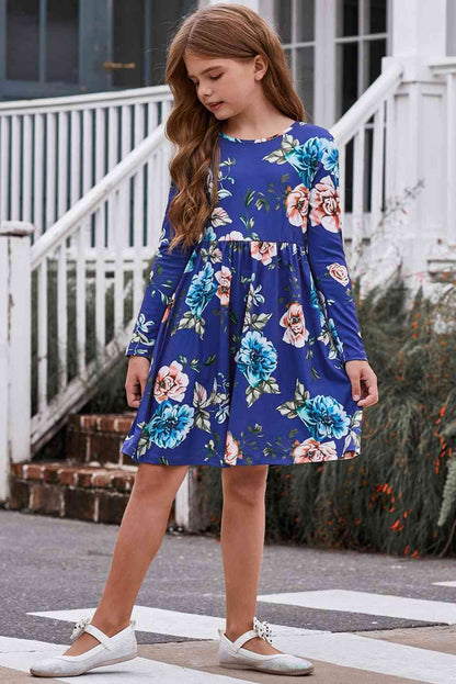 Girls Floral Long Sleeve Dress with Pockets