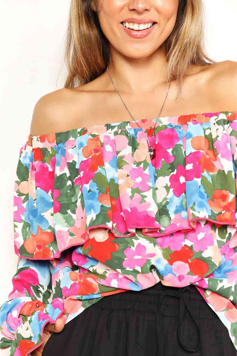 Double Take Floral Off-Shoulder Flounce Sleeve Layered Blouse - Create the impossible