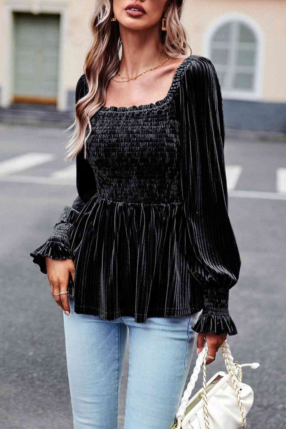 Smocked Square Neck Long Sleeve Blouse - Create the impossible