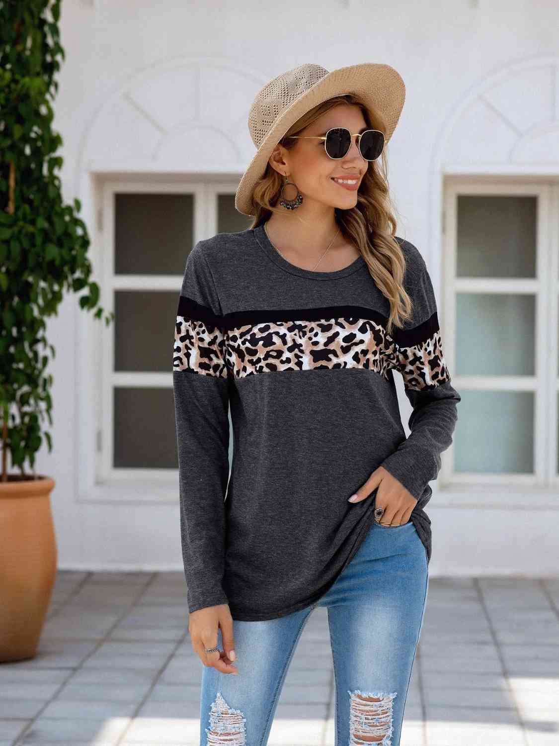 Leopard Round Neck Long Sleeve T-Shirt