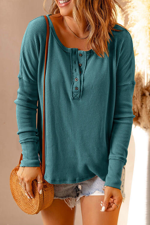 Waffle Knit Henley Long Sleeve Top - Create the impossible