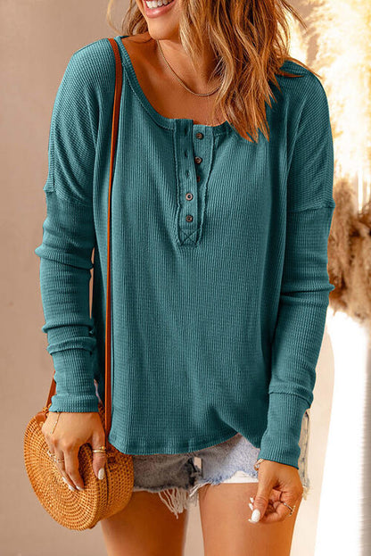 Waffle Knit Henley Long Sleeve Top - Create the impossible