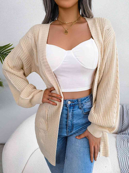 Cable-Knit Open Front Pocketed Cardigan