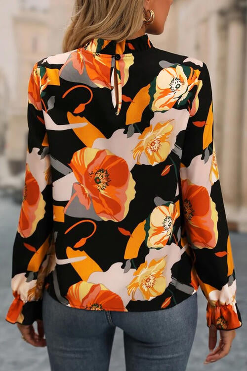 Floral Mock Neck Flounce Sleeve Blouse - Create the impossible