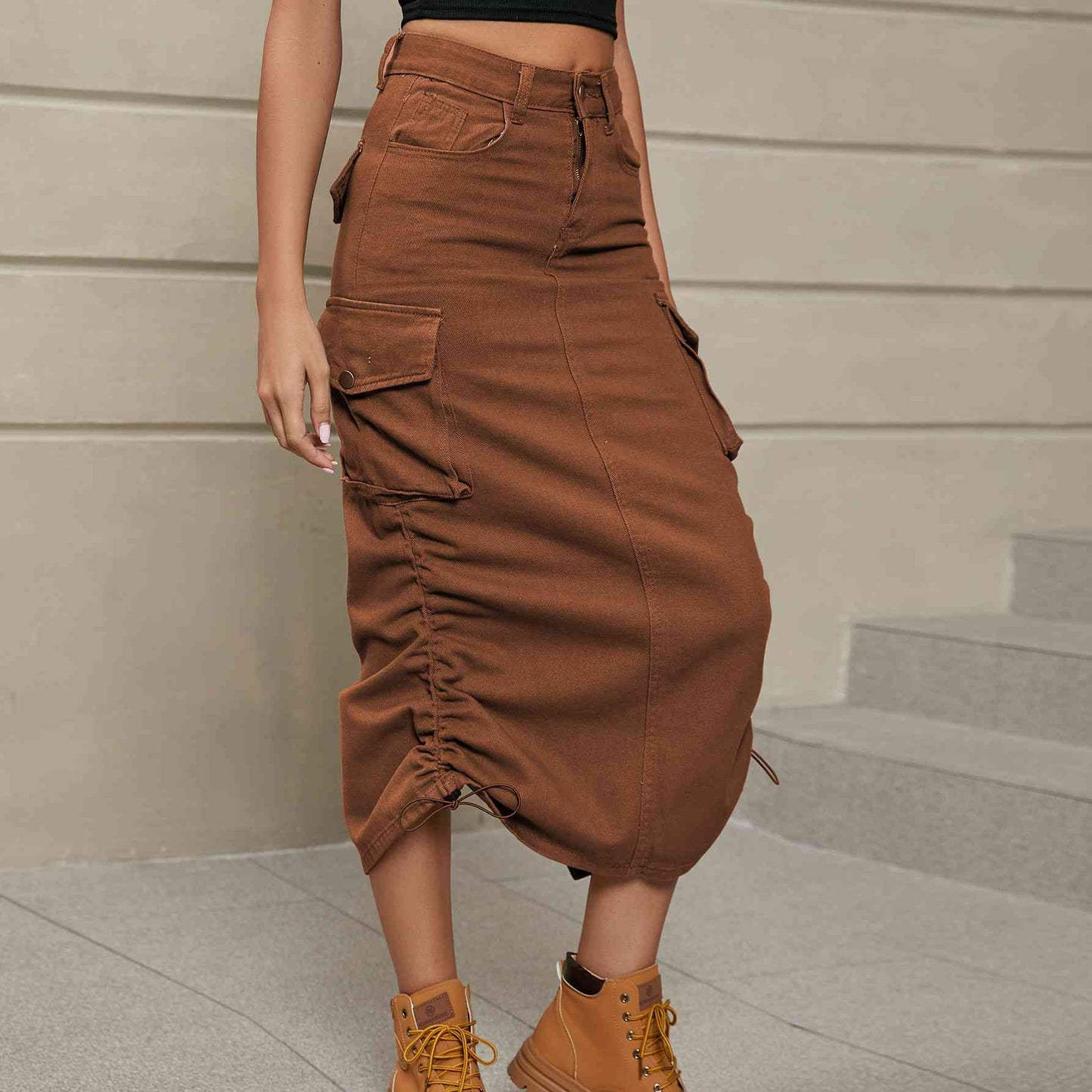 Drawstring Ruched Slit Denim Midi Skirt - Create the impossible