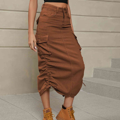 Drawstring Ruched Slit Denim Midi Skirt - Create the impossible