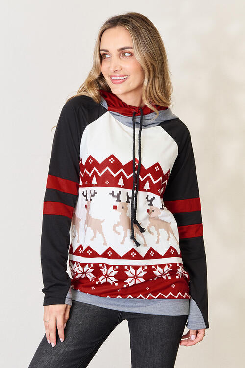 Double Take Full Size Christmas Drawstring Long Sleeve Hoodie - Create the impossible