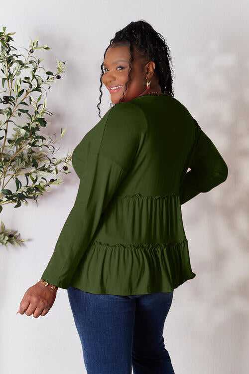 Double Take Half Button Long Sleeve Ruffle Hem Blouse - Create the impossible