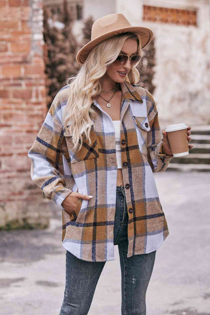 Plaid Long Sleeve Shirt Jacket with Pockets