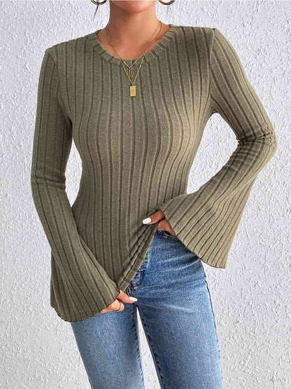 Ribbed Round Neck Flare Sleeve Top - Create the impossible