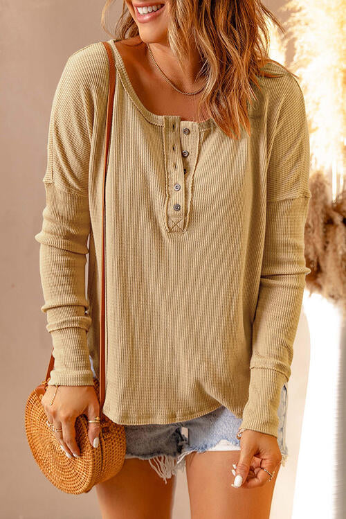 Waffle Knit Henley Long Sleeve Top - Create the impossible