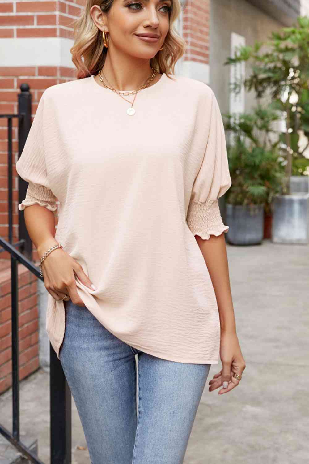 Round Neck Smocked Lantern Sleeve Blouse - Create the impossible