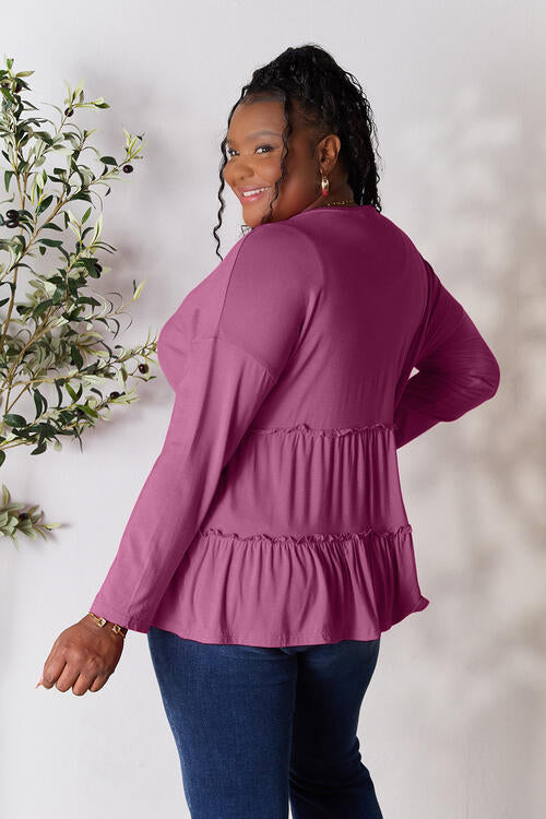 Double Take Half Button Long Sleeve Ruffle Hem Blouse - Create the impossible