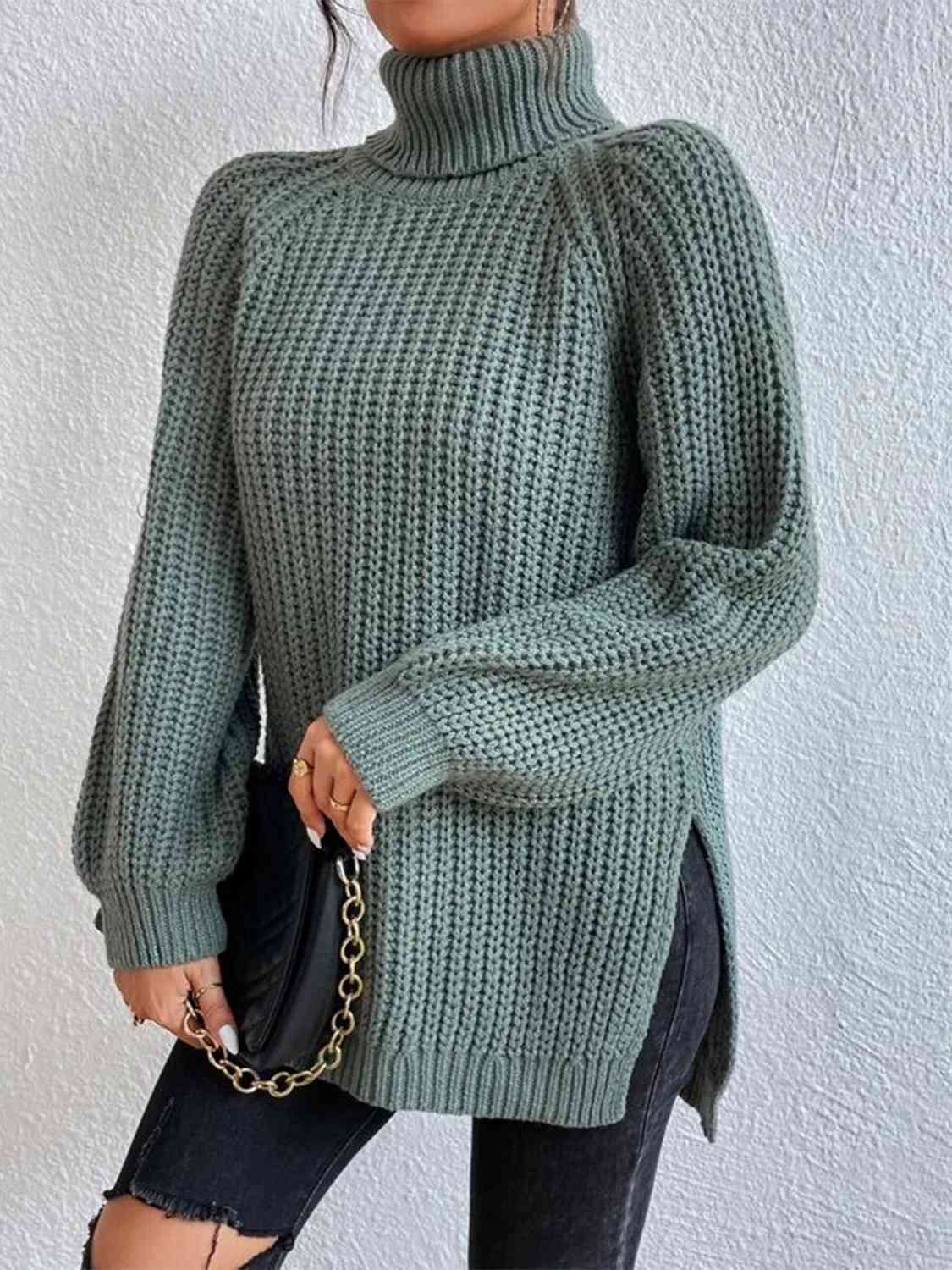 Full Size Turtleneck Rib-Knit Slit Sweater - Create the impossible