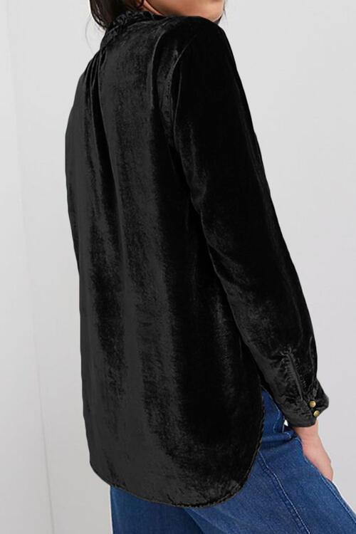 Notched Neck Buttoned Long Sleeve Velvet Blouse - Create the impossible