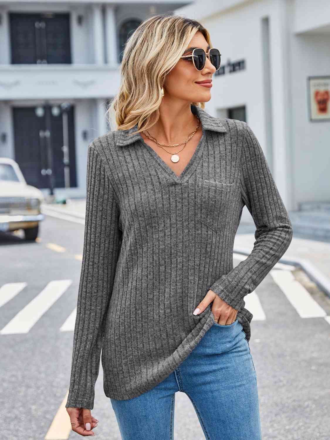 Ribbed Notched Long Sleeve T-Shirt with Pocket