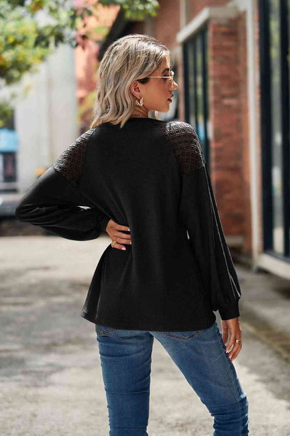 Round Neck Dropped Shoulder Eyelet Top