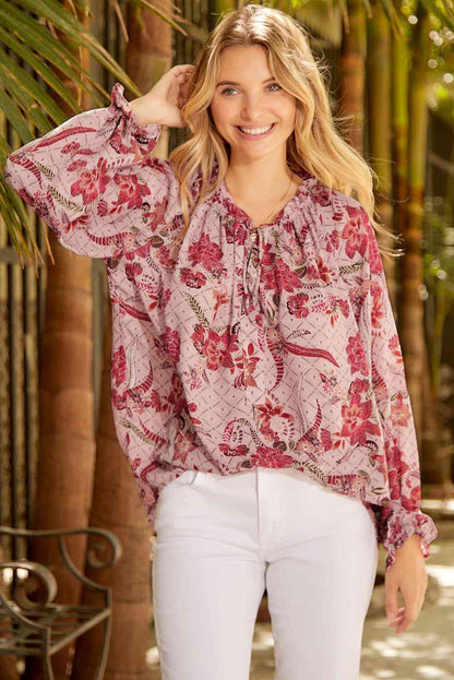 Floral Tie Neck Flounce Sleeve Blouse