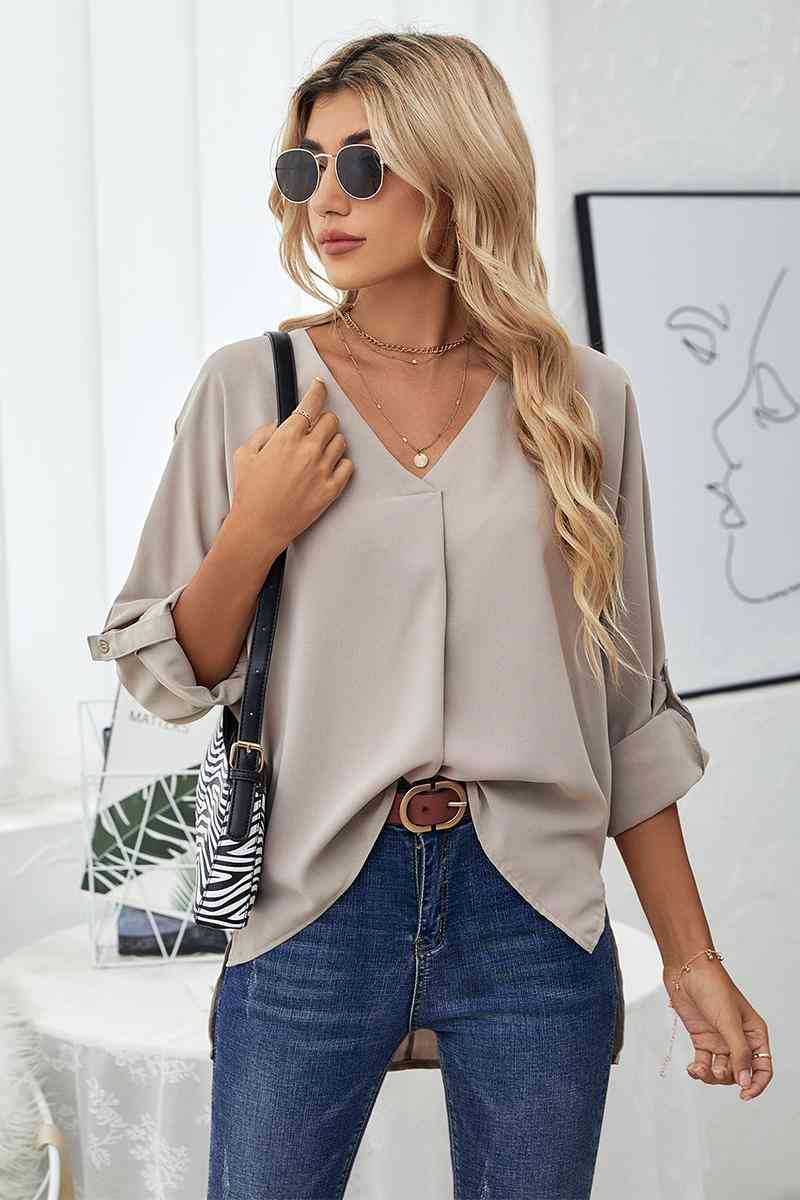 Roll-Tab Sleeve V-Neck Blouse - Create the impossible