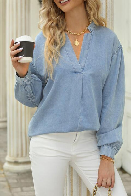 Notched Neck Denim Top