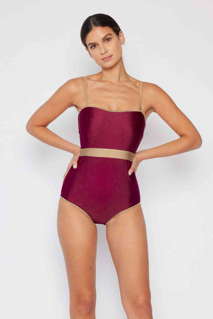 Marina West Swim Wave Break Contrast Trim One-Piece in Wine