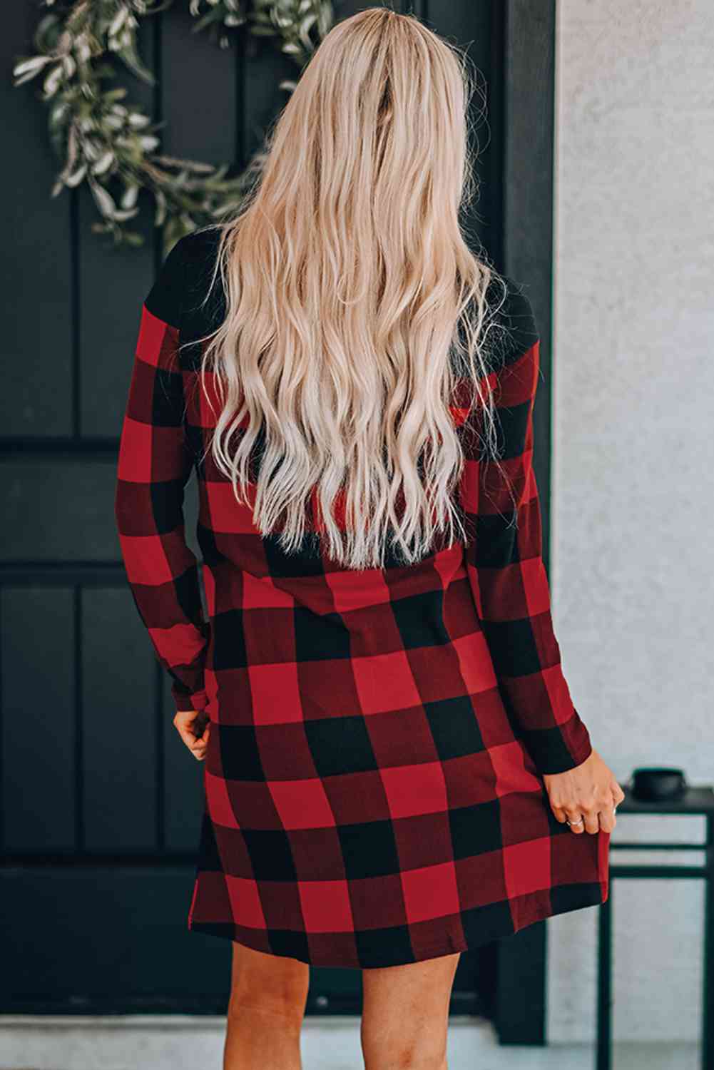 Plaid Round Neck Long Sleeve Mini Dress