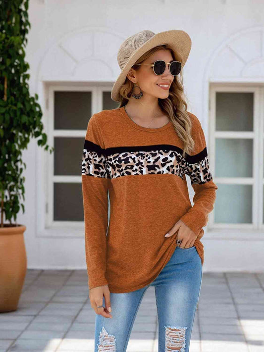 Leopard Round Neck Long Sleeve T-Shirt